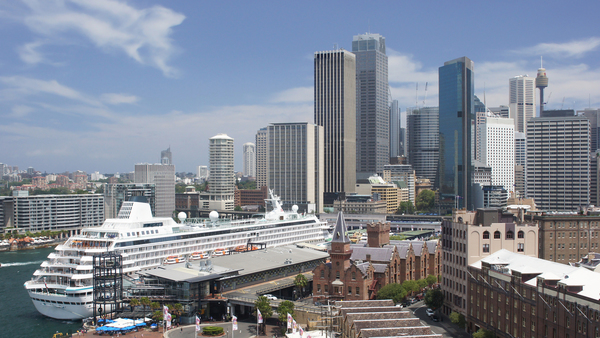 Skyline of Sydney with a cruise ship