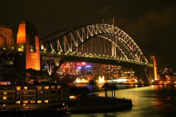 The Sydney Harbour Bridge illuminated at night, creating a stunning backdrop for imaginative bungee jumping adventures in the heart of Sydney.
