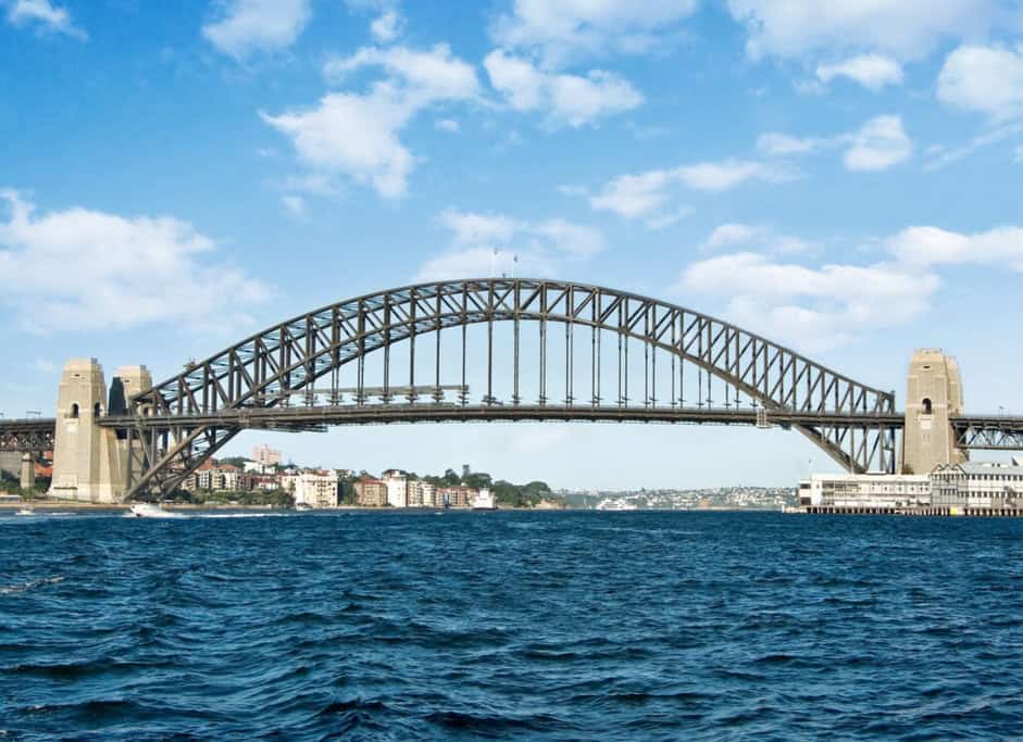 View of the iconic Sydney Harbour Bridge spanning across the water with city buildings in the background, representing one of the key attractions in Australia travel deals.