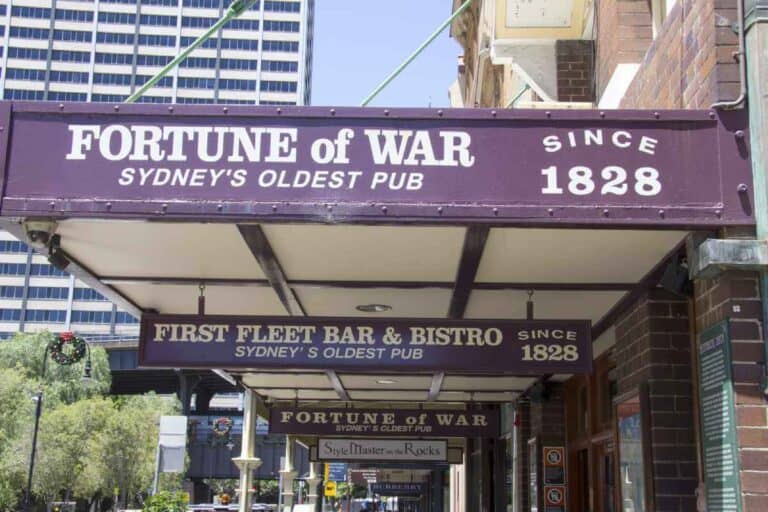 The Fortune of War pub sign in Sydney, dating back to 1828, a popular spot visited on historic Sydney walking tours.