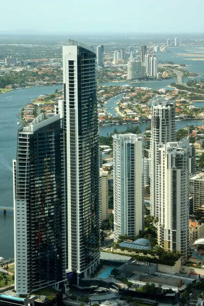 Aerial view of the famed Gold Coast in Queensland Australia looking from Surfers Paradise down to Coolangatta.