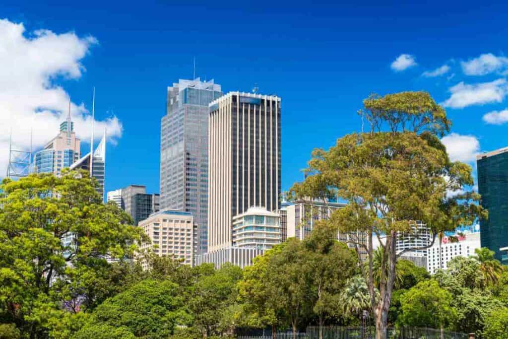 Skyline of Sydney's business district seen from a park, showcasing the contrast of urban development with green spaces, a balance of work and leisure as a pro of living in Sydney.