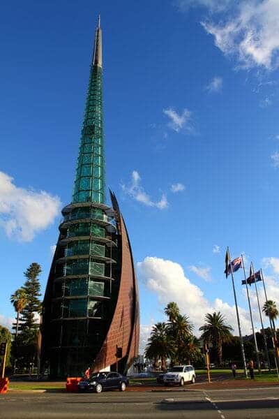 The iconic Bell Tower in Perth, Australia, stands against a clear blue sky, an architectural marvel and a popular destination for couples celebrating Valentine's Day in Perth.