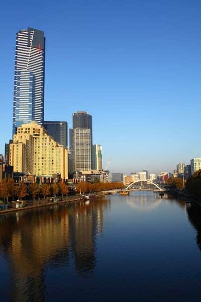 A serene view of Melbourne's skyline with the Yarra River in the foreground, reflecting the city's modern architecture under clear blue skies. This image relates to the blog's exploration of Melbourne's history, including where the name Melbourne originates.