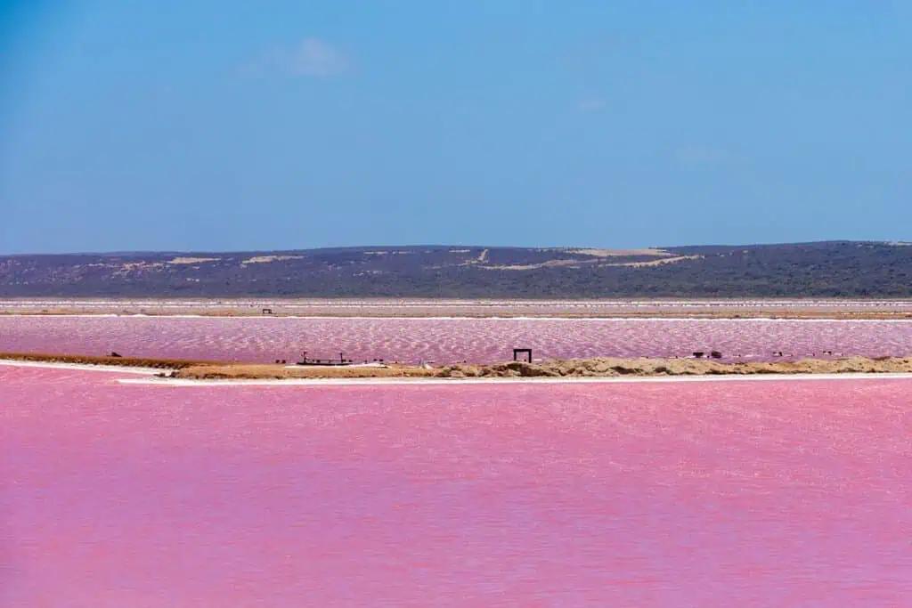 Expansive view of Lake Hillier in Australia, showcasing its distinct pink waters bordered by sandy shores and distant hills. The image highlights the lake's unique beauty, a central feature in the post discussing the natural wonders of Lake Hillier in Australia.
