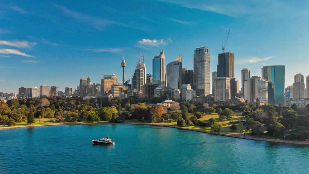 Aerial view of Sydney skyline from Sydney Harbour taken from a helicopter tour