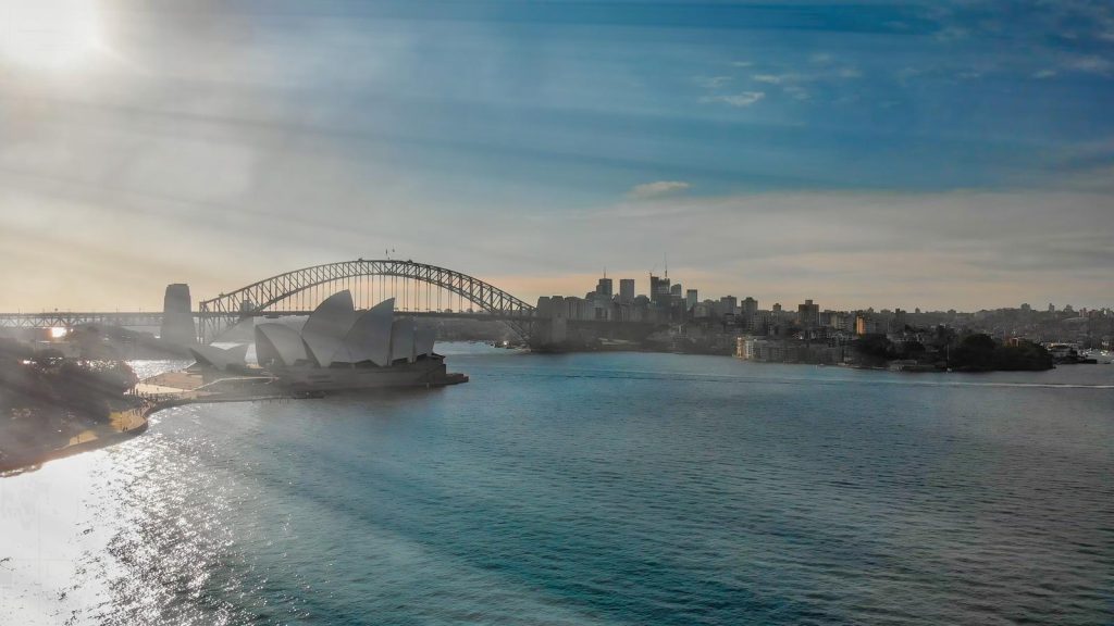 Aerial view of Sydney skyline from Sydney Harbour.