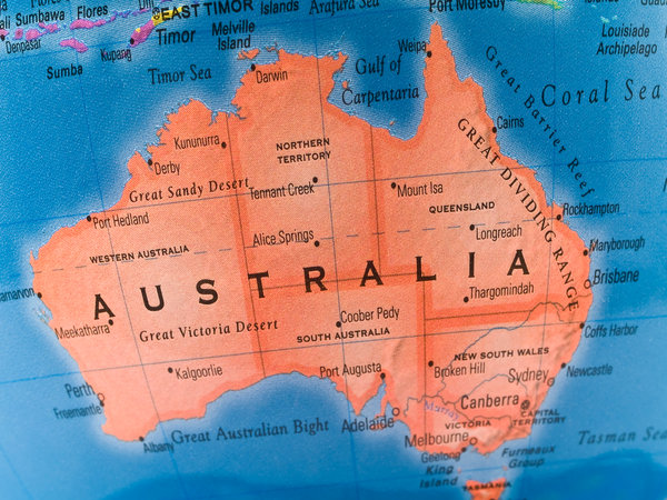 The map of Australia together with the seas and oceans that surround Australia