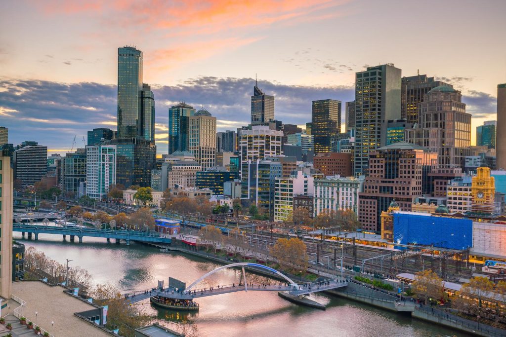 Melbourne city skyline at twilight in Australia