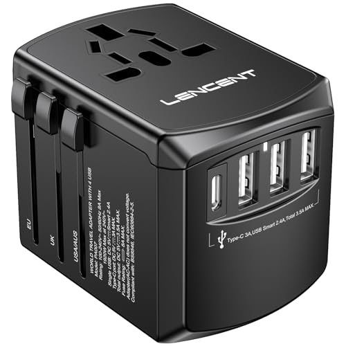 LENCENT Universal Travel Adapter, International Charger with 3 USB Ports and Type-C PD Fast Charging Adaptor for iPhone, Tablet, Gopro. for Over 200 Countries Type A/C/G/I (USA, Japan, UK, EU, AUS)