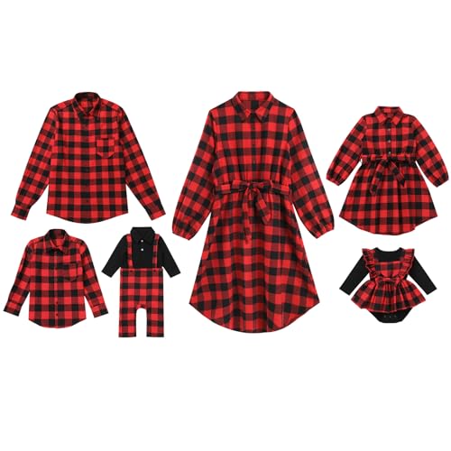 AWIBMK Family Matching Outfits Christmas Green Red Plaid Mommy and Me Dresses Fall Winter Xmas Family Outfits for Photoshoot