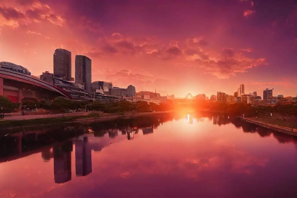 Sunrise over Adelaide's city skyline, with buildings reflecting in the calm waters of the Torrens River. This serene scene symbolises the end of a journey, emphasising the beauty of getting to Adelaide from Sydney by various travel methods, including flights or road trips.