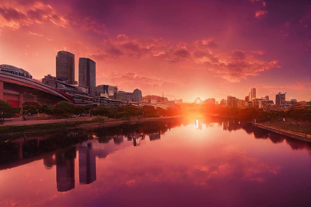 Sunrise over Adelaide's city skyline, with buildings reflecting in the calm waters of the Torrens River. This serene scene symbolises the end of a journey, emphasising the beauty of getting to Adelaide from Sydney by various travel methods, including flights or road trips.