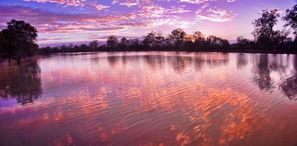 Sunrise over the Murray River in Australia, reflecting vibrant pink and purple hues on the water's surface, relating to the blog post's exploration of Australia's rivers.
