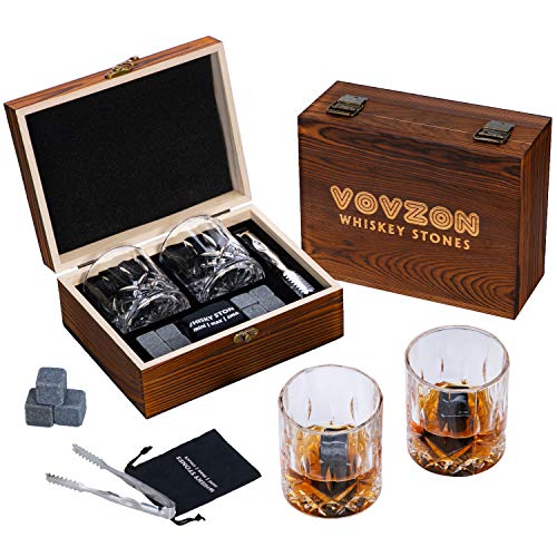 Whiskey Stones and Glasses Gift Set for Men – 8 Whiskey Bourbon Chilling Stones, 2 Whiskey Glasses in Wooden Box – Father's Day/Christmas/Birthday/Anniversary Gift/Present for Father Dad Boyfriend