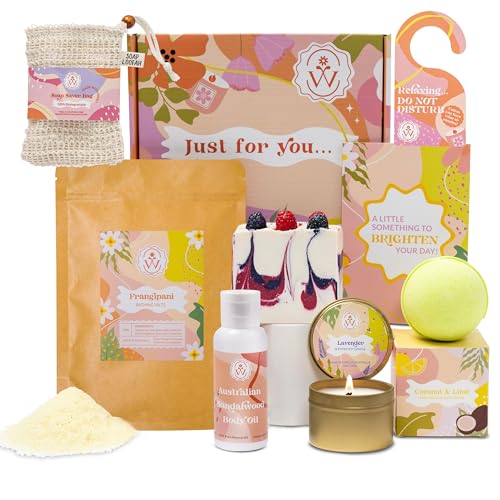 Gifts for women. Australian made bath and body spa set for women with scented candle, bath bomb, soaps & bath salts. Wedding gift basket for her. Birthday gift, pamper gift box for mum, sister,teacher
