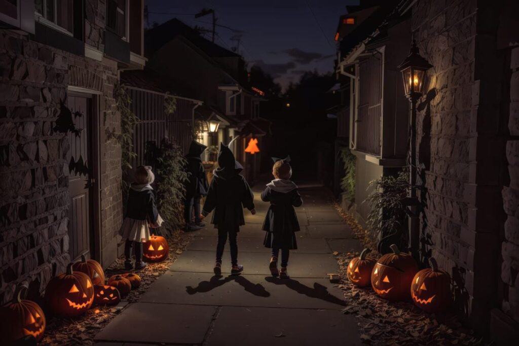 Children in costumes walking down a dimly lit alley lined with glowing jack-o-lanterns, creating a spooky Halloween atmosphere. This scene reflects the excitement of Halloween events in Sydney, where families and kids can enjoy neighbourhood trick-or-treating and other festive activities.