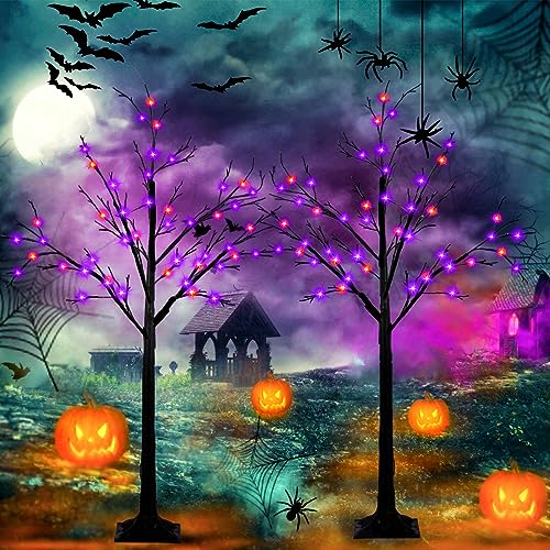 2-Pack 4FT Black Spooky Tree (Higher Size & Floor Standing), Birch Tree for Indoor & Outdoor, 96 LED Birch Tree Lights for Outdoor Decorations Indoor Home Halloween(Orange&Purple)