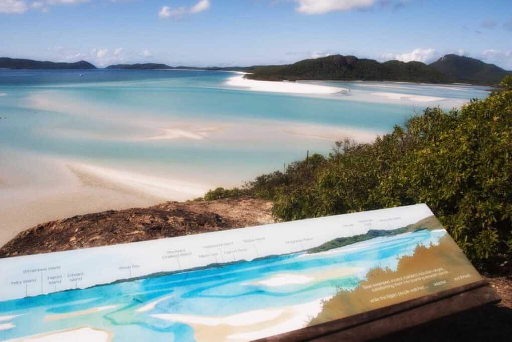 Panoramic view of Whitehaven Beach with its swirling white sands and turquoise waters from a lookout with an informational guideboard illustrating various Whitsunday Islands, highlighting the serene beauty often compared in articles discussing 'Cairns vs Whitsundays'.