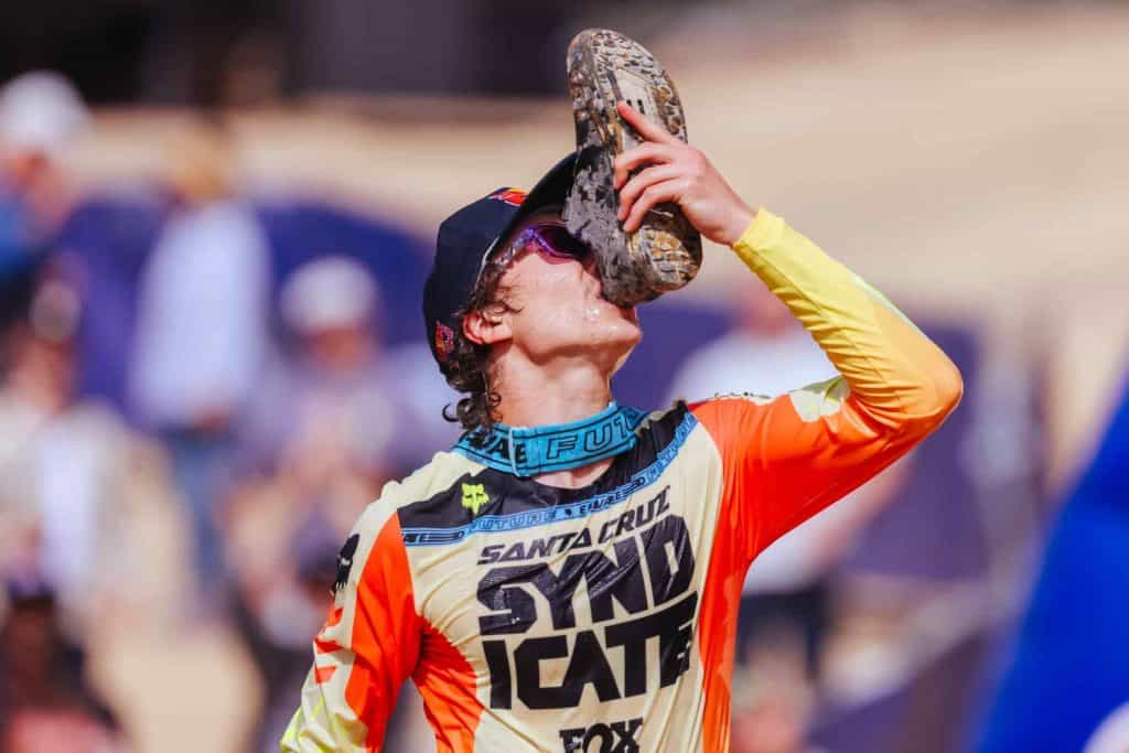 Jackson GOLDSTONE of Canada does a Shoey after winning Red Bull Hardline Tasmania on February 8, 2025 in Maydena, Australia.