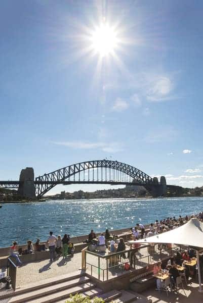 Sunny day at Sydney Harbour with people enjoying the waterfront cafes, with the Sydney Harbour Bridge in the background, illustrating Sydney's bustling lifestyle mentioned in the article 'Is Sydney the Capital of Australia?