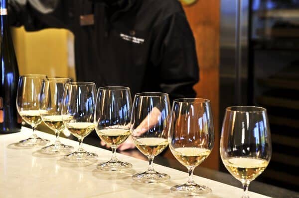 Wineglasses neatly lined up for a wine tasting session, a common activity on Yarra Valley wine tours from Melbourne