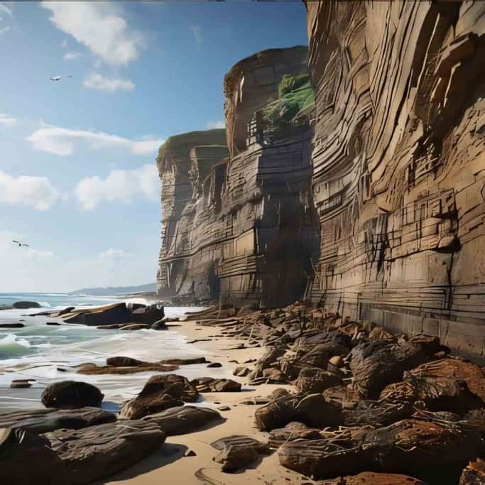 Dramatic sandstone cliffs towering over a sandy beach along the Great Ocean Road, with ocean waves crashing against the shore. This stunning coastal landscape is one of The Best Photo Stops Along the Great Ocean Road, offering breathtaking views and rugged natural beauty perfect for photography.