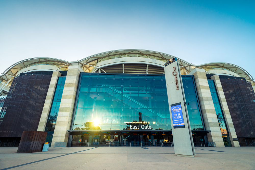 Adelaide, Australia - January 3, 2016: Adelaide Oval stadium skyline viewed from the East Gate side on the summer evening