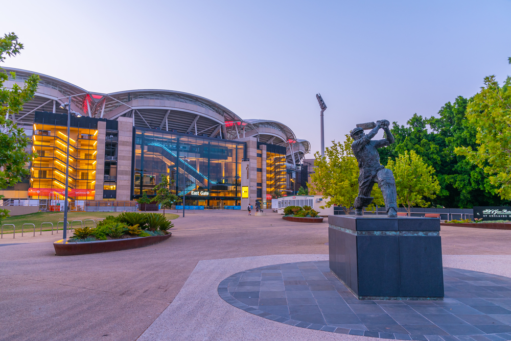 Statue of a cricket player at Adelaide Oval in Australia