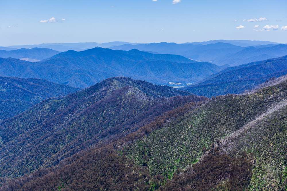 A breathtaking view of the rolling mountain ranges in Alpine National Park, Victoria, Australia, covered in lush greenery and stretching into the horizon. This park is one of the must-see natural wonders in Victoria, offering incredible hiking trails, panoramic lookouts, and diverse wildlife.