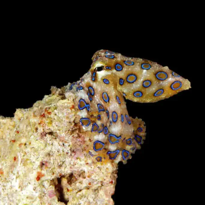 A blue-ringed octopus, one of the most dangerous animals in Perth, sits on a rock displaying its bright blue rings. Known for its venomous bite, this creature is small but deadly, highlighting the diverse and hazardous wildlife found in Perth's marine environments.