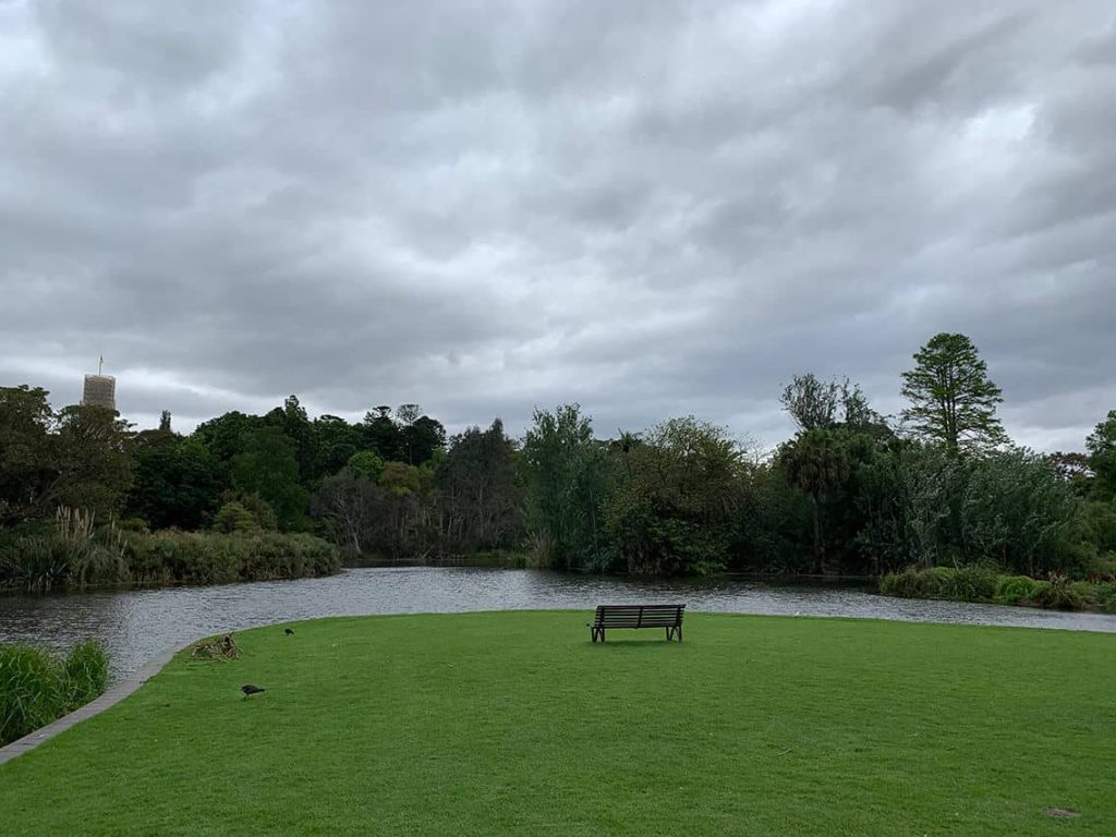 A serene lake with a solitary seat in the foreground, located in the Royal Botanic Gardens, capturing the peaceful atmosphere of this Melbourne attraction.