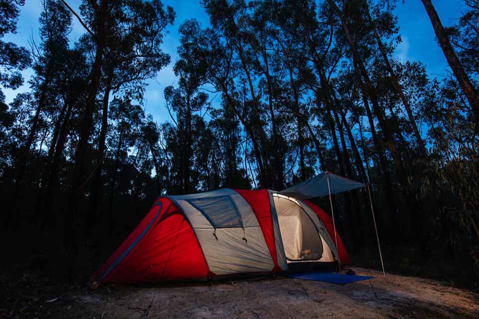 A tent pitched at Smith's Mill Campground with the Grampians' rugged forest backdrop, capturing the quintessential camping experience in the region.