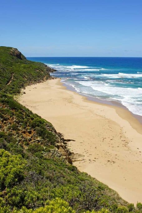 Pristine sandy beach at Cape Otway National Park, with waves gently crashing against the shoreline and lush green hillsides overlooking the ocean. This image captures the unspoiled beauty of Australia in summer, a perfect escape for those seeking tranquillity along the Great Ocean Road.