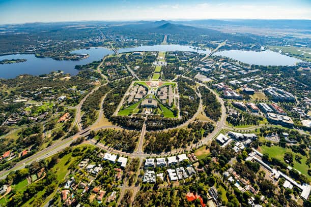 An aerial view of Capital Hill in Canberra, illustrating the city's unique urban layout