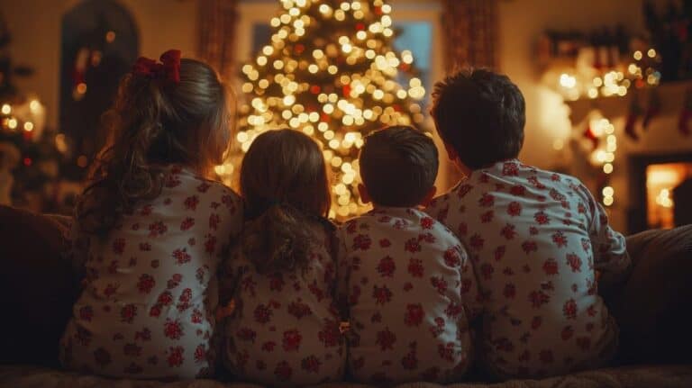 Four children dressed in matching red floral pyjamas sit together, gazing at a beautifully lit Christmas tree in a cosy living room. This image relates to the post about family Christmas pyjamas in Australia, showcasing a warm and festive moment captured during the holiday season.