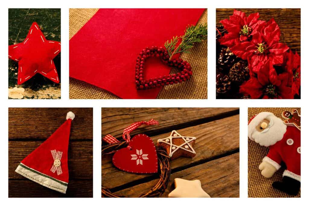 Collage of traditional Christmas decorations in Australia, including red star and heart ornaments, a Santa hat, poinsettia flowers, a wreath with gingerbread cookies, and a Santa figurine, highlighting the festive and rustic elements often used in Australian holiday decor.