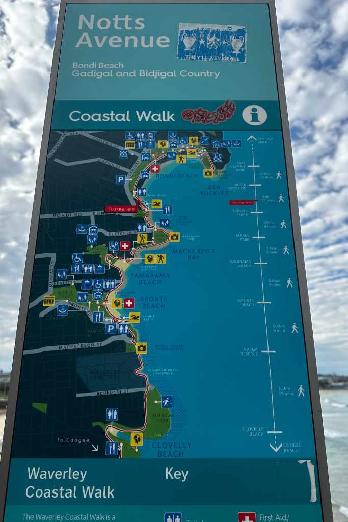The map of the coastal walk from Bondi to Coogee