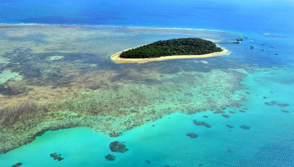 An aerial view of Green Island off the coast near Cairns, with surrounding coral reefs visible through the clear blue waters, indicative of the tropical paradise experiences offered in both Cairns and the Whitsundays.