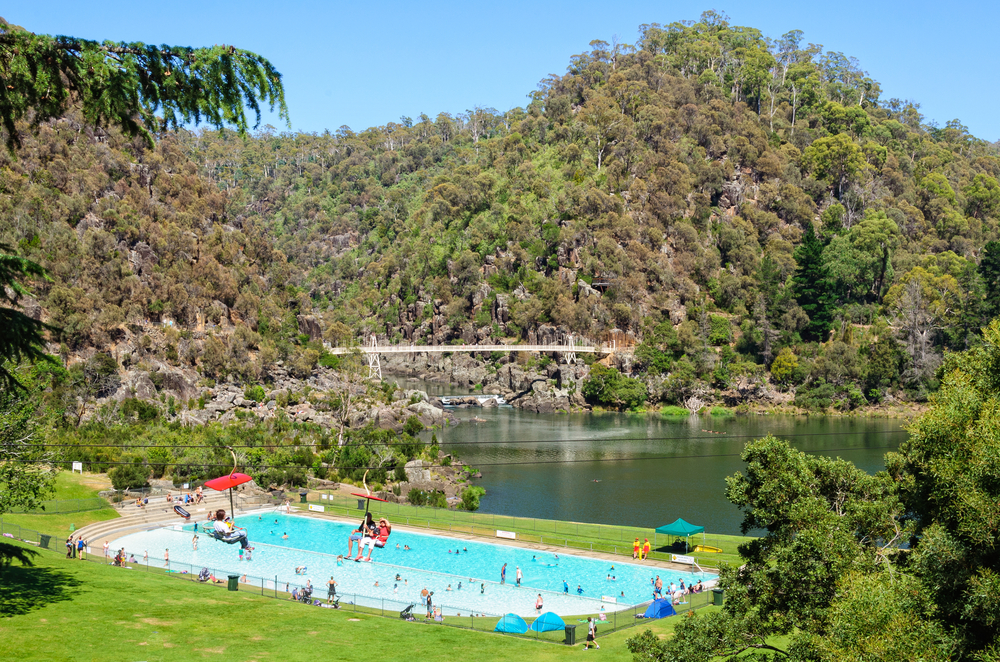 The First Basin in the Cataract Gorge Reserve features a swimming pool, a chairlift and a footbridge - Launceston, Tasmania, Australia