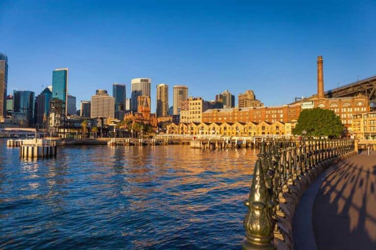 Warm sunlight bathing the historical Rocks area in Sydney, a popular starting point for many guided walking tours in Sydney.