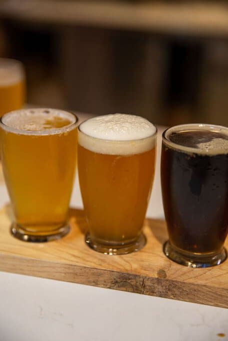 A trio of craft beers with varying hues from pale gold to deep brown, served on a rustic wooden board, a common sight during brewery tours in Brisbane, highlighting the depth of beer options available.