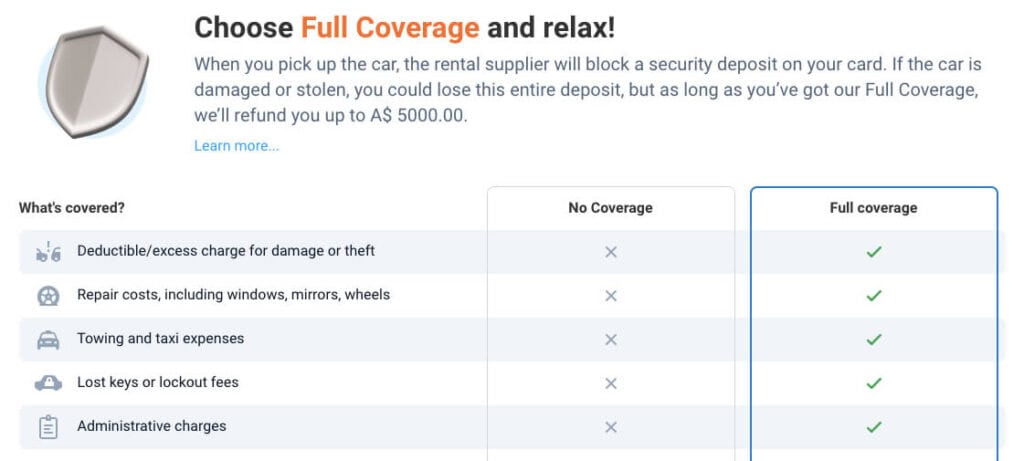 Screenshot of Discover Cars Full Coverage details, highlighting the comprehensive insurance benefits for renting a car on the Gold Coast, ensuring a worry-free rental experience.