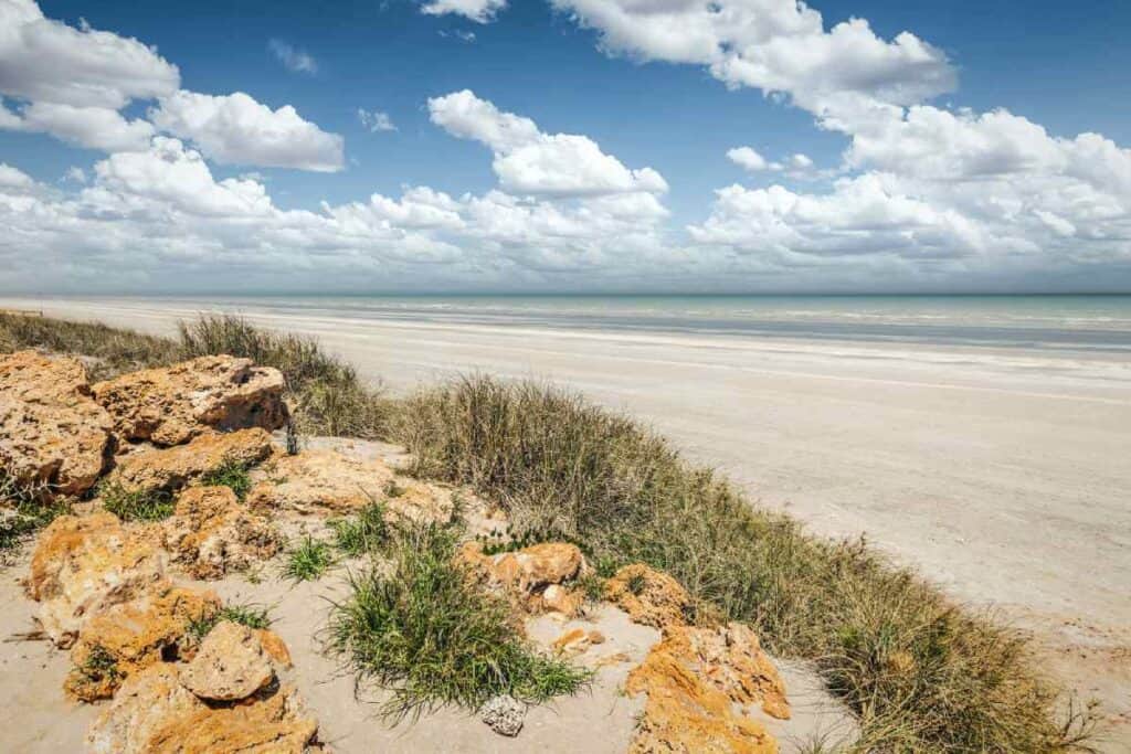 The vast and serene expanse of Eighty Mile Beach, known as one of the most beautiful beaches in Western Australia, featuring a pristine shoreline and coastal dunes under a cloudy sky.