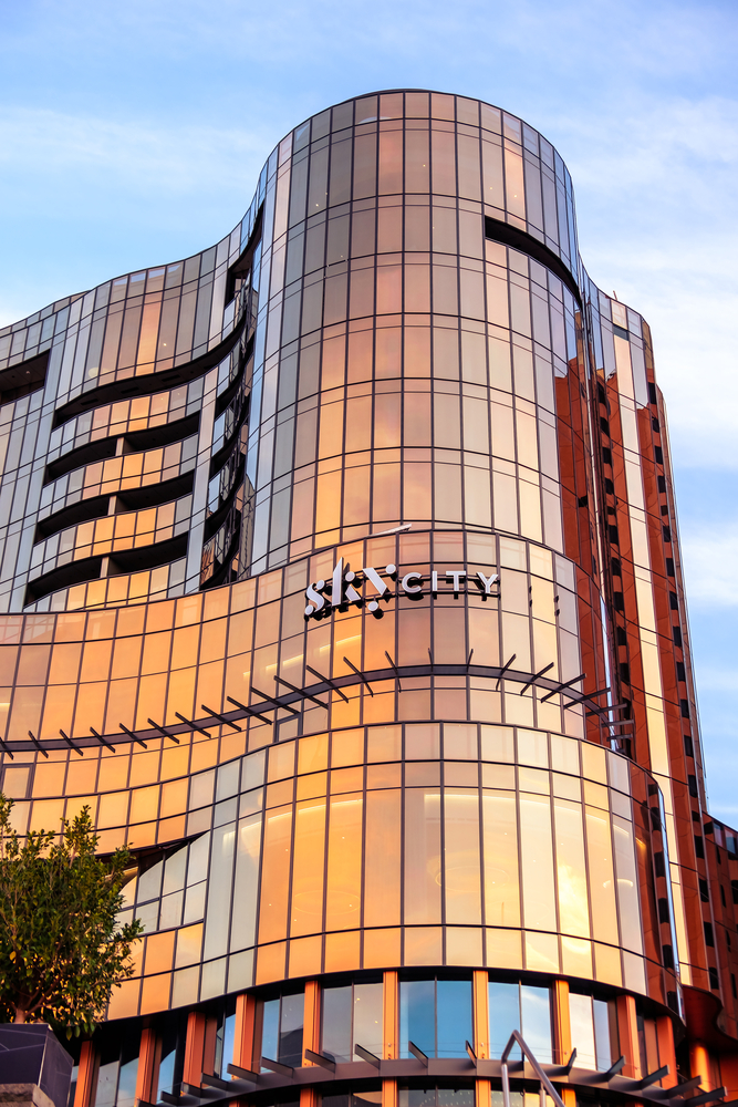 Adelaide, Australia - September 7, 2020: SkyCity Adelaide casino and hotel building viewed from the riverbank during sunset time