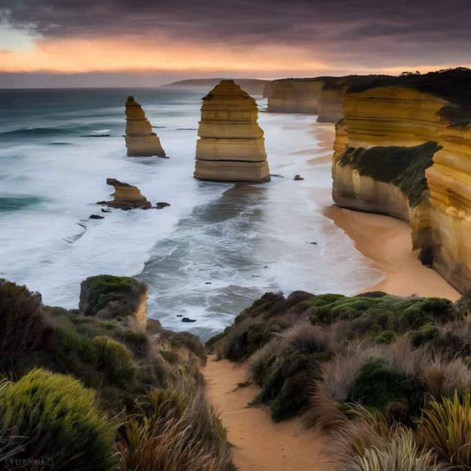 A breathtaking view of the Twelve Apostles along the Great Ocean Road at sunset, with rugged limestone stacks rising from the ocean and waves crashing against the shore. This iconic location is one of The Best Photography Spots Along the Great Ocean Road, offering dramatic coastal scenery and golden light perfect for capturing stunning images.
