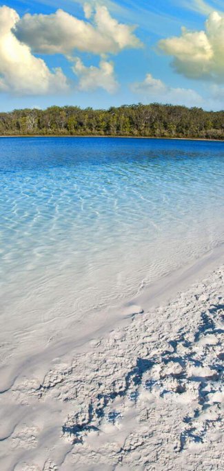 Shallow, clear waters of a beach on Fraser Island, with fine white sand and calm surroundings. Known for its beautiful scenery, Fraser Island is sometimes listed among the worst beaches in Australia due to high tourist traffic and safety concerns with jellyfish and strong currents in certain areas.