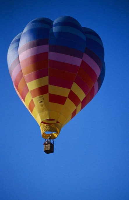 A colourful hot air balloon soars against the clear blue sky during an early morning flight in Alice Springs. Floating above the vast Outback landscape, this once-in-a-lifetime experience in the Northern Territory offers breathtaking views and the chance to spot native wildlife like the Red Kangaroo from above.