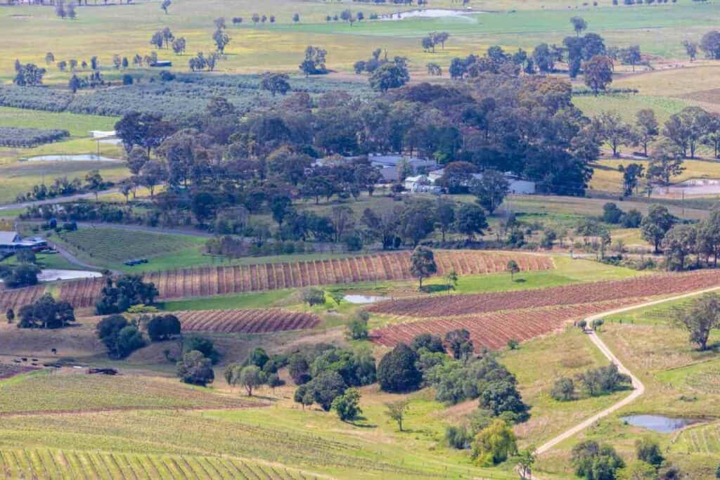 Aerial view of the vineyards and countryside in Hunter Valley, showcasing a popular wine region featured in many travel deals in Australia.