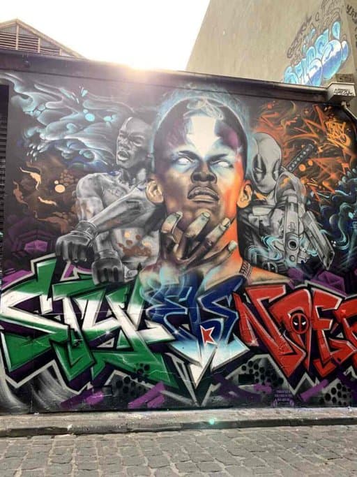 A vibrant mural in Hosier Lane featuring detailed graffiti art with dynamic colours and powerful imagery. Hosier Lane is one of the most Instagrammable places in Melbourne, known for its ever-changing street art scene and unique photo opportunities.